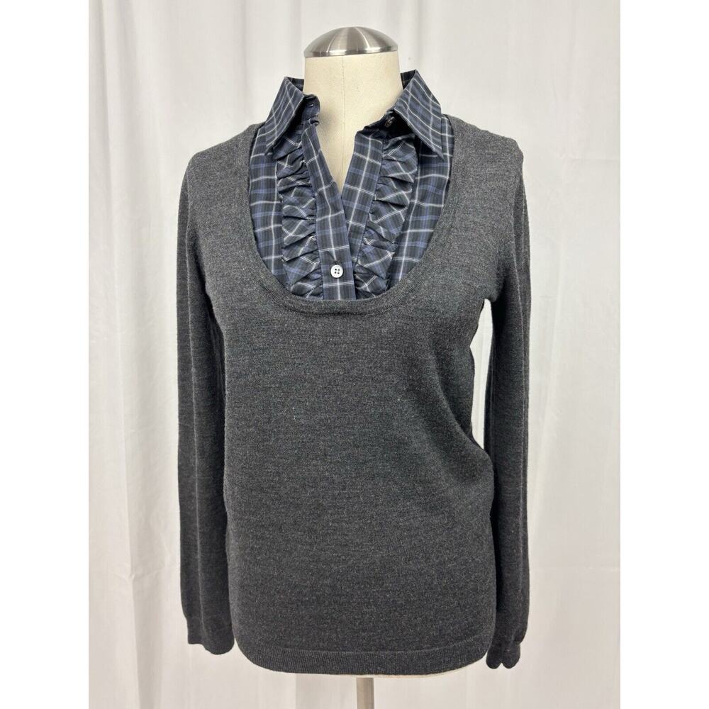Theory Sweater Women's Medium Black Blue Plaid Ruffle Attached Shirt Collar Wool